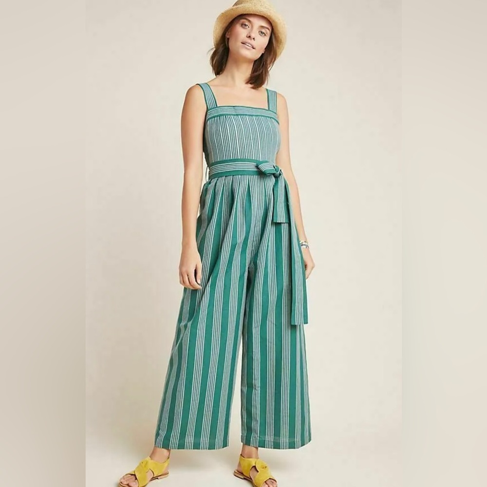 Payal Pratap Green Stripe Linen belted jumpsuit Anthropologie‎ size 2 womens.